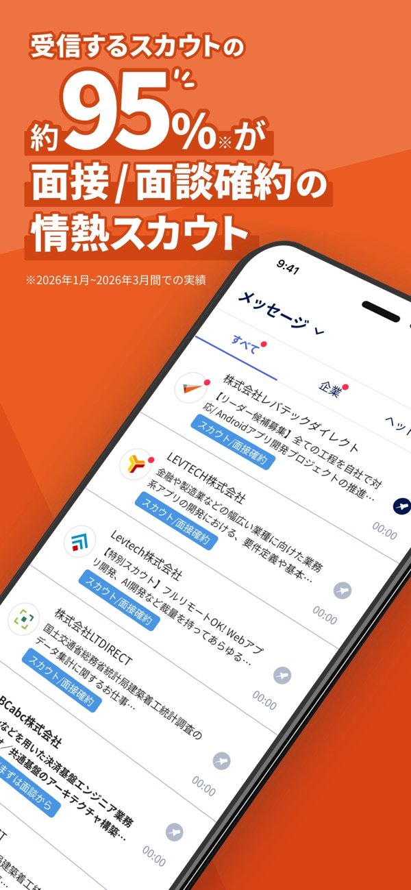 「受信するスカウトの約95%が面接/面談確約の情熱スカウト」の紹介画像(App Storeより)